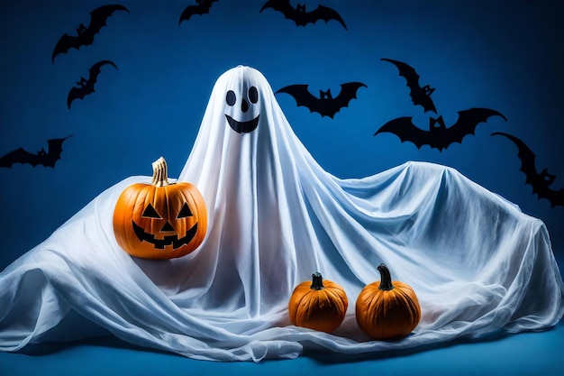 Un fantôme d'halloween blanc avec un panier de citrouille plein de citrouilles sur fond bleu