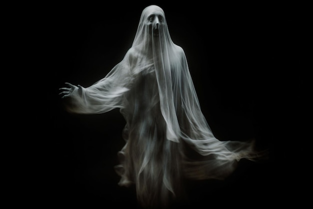 Un fantôme avec un long voile blanc est vu dans une pièce sombre.