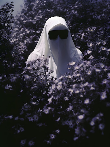 Photo un fantôme avec un masque sur les stands à côté des fleurs