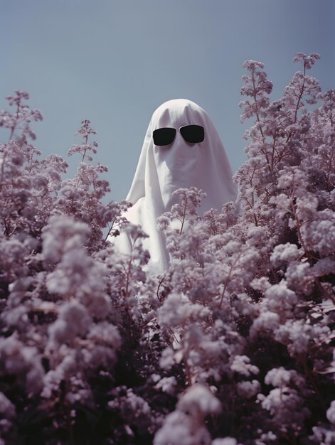 Photo un fantôme avec un masque sur les stands à côté des fleurs