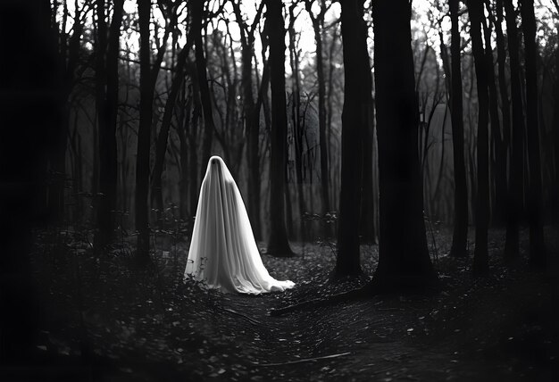 Fantôme sombre debout sur un sol en forêt