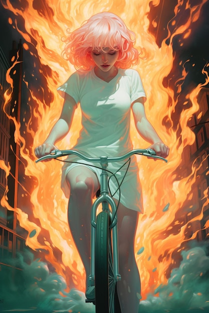 un fantôme sur un vélo passe devant les flammes