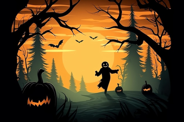 Fantômes sur le concept de célébration d'Halloween dans un cimetière ou une forêt la nuit en style dessin animé Halloween