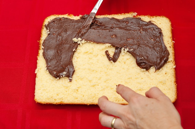 Farce à la main gâteau fait maison avec ganache au chocolat isolé sur fond rouge