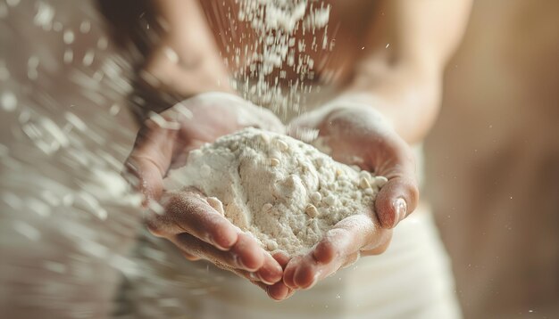 La farine dans les mains de la femme Focus sélectif Tonifié