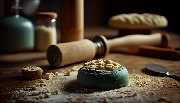 Farine de pain et rouleau à pâtisserie sur une table en bois ai générative