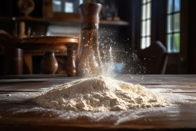 Farine poussiérée sur une surface en bois pour la pâte créée avec de l'aï génératif