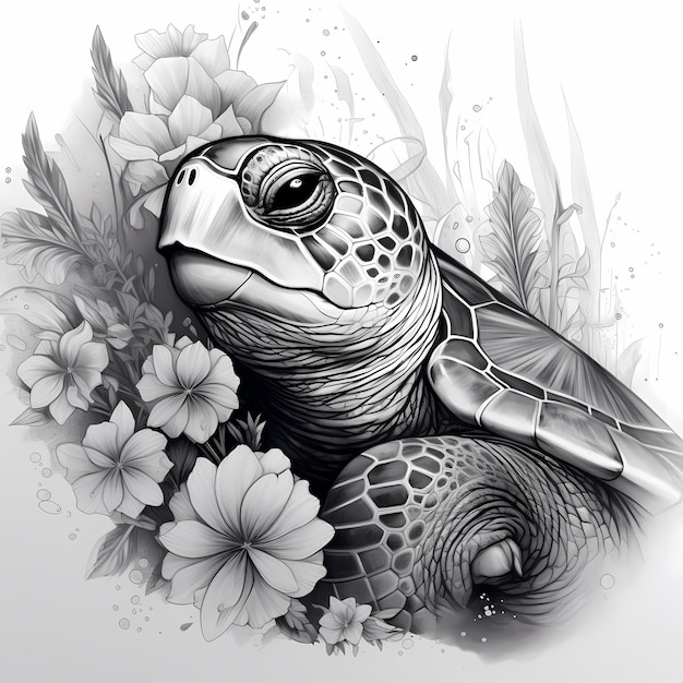 Un fascinant dessin noir et gris d'une tortue et de fleurs sous-marines