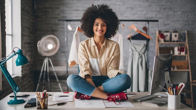 Photo fashion designer woman working in studio sitting on the desk