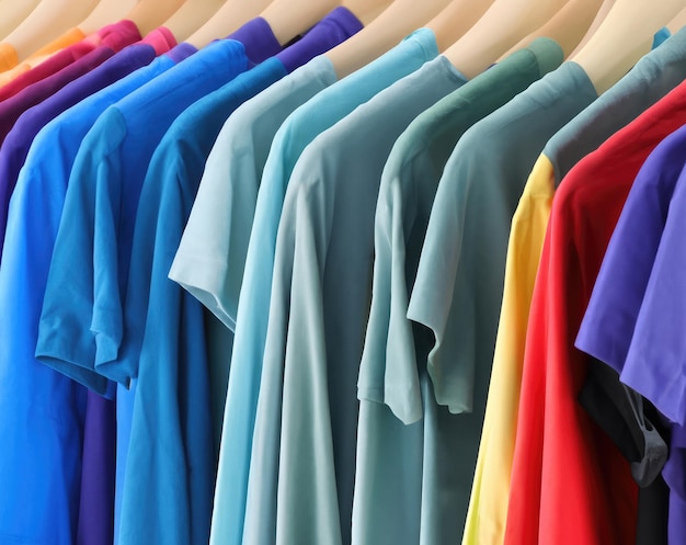 Fashion Essentials T-shirts colorés suspendus sur un cintre une vitrine de choix de garde-robe pour des tenues élégantes et décontractées