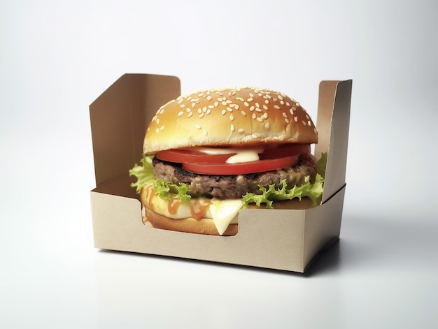 Photo fast food burger de bœuf au fromage délicieux emballé dans une boîte pratique