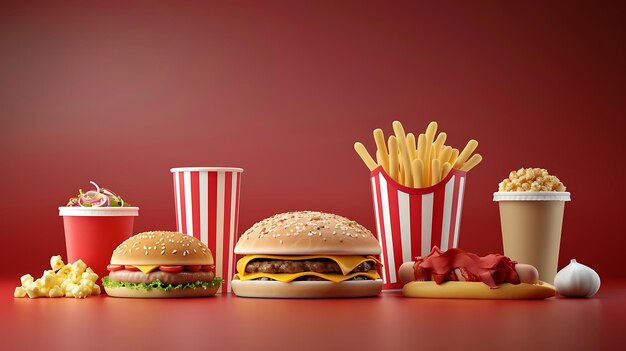 Photo fast food cheeseburger hotdog frites pop-corn et soda isolé sur un fond rouge