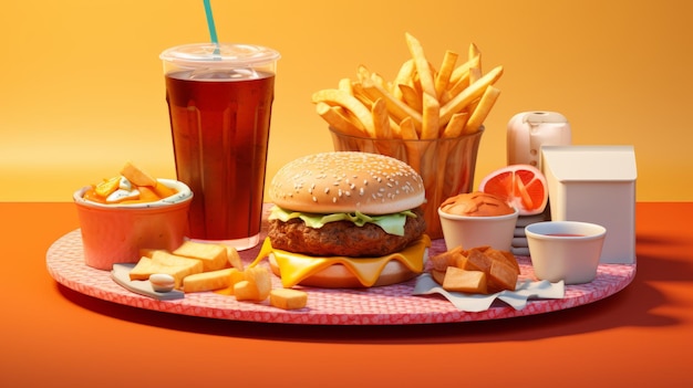 Photo fast food hamburger frites et cola sur un fond orange