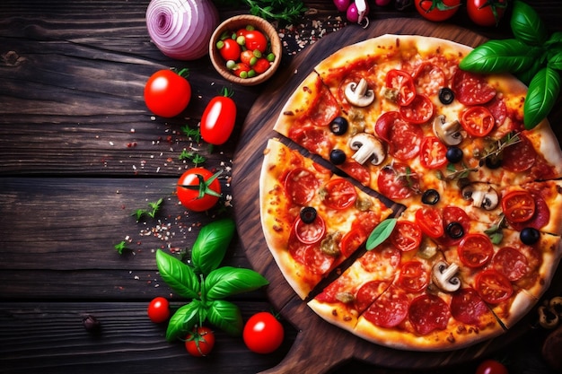 Fast food spatial italien nourriture noire repas fromage pizza copie délicieuse tomate arrière-plan IA générative