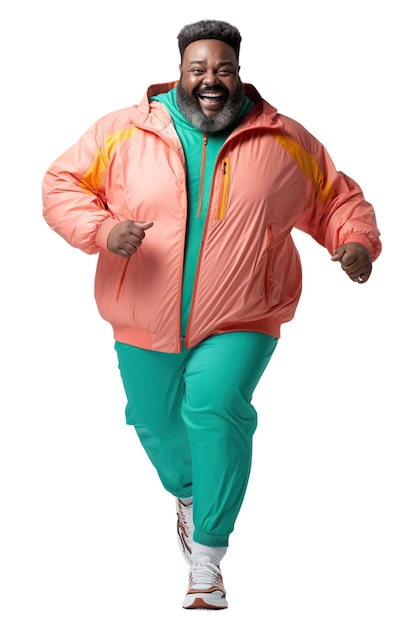 Fat plusize afro homme âgé porter des vêtements de sport colorés sur fond blanc ou transparent