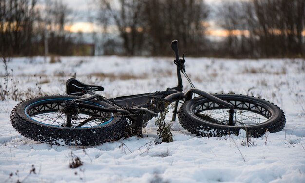 Photo fatbike se trouve dans la forêt d'hiver