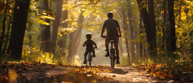 Photo fatherson fait du vélo à la lumière du soleil à travers les arbres