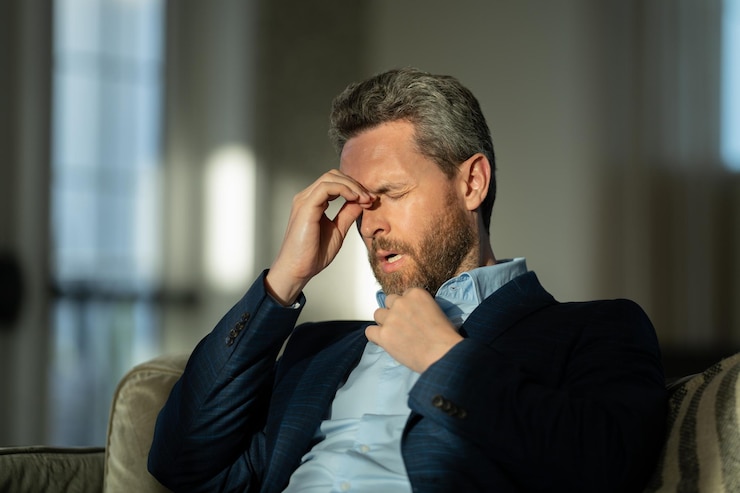 Photo fatigué, homme épuisé, souffrant de maux de tête, surmené, homme d'épuisement professionnel, sensation de migraine