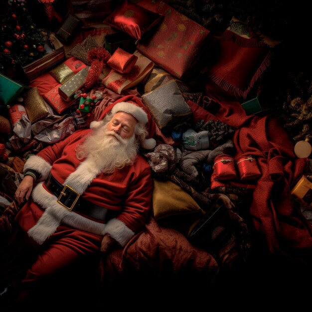 La fatigue des vacances dans les tâches du Père Noël Le Père Noël trouve la tranquillité dans une sieste entouré de lettres