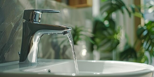 Faucet chrome moderne écoutant de l'eau dans un évier de salle de bain Une vue rapprochée Concept Faucet de salle de bains Chrome Closeup View Flux d'eau
