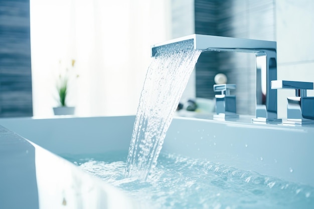 Faucet avec de l'eau claire coulant dans une baignoire blanche intérieur de salle de bain moderne