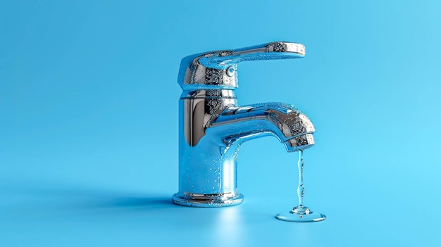 Faucet d'eau avec une goutte d'eau sur fond bleu.