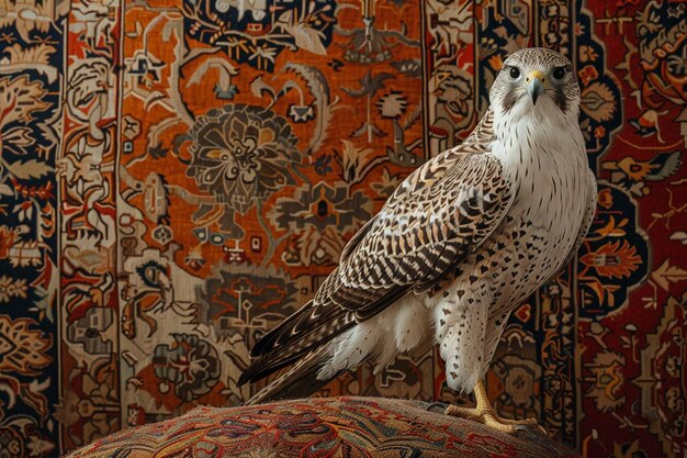 Photo un faucon est debout sur une chaise avec un motif sur le mur