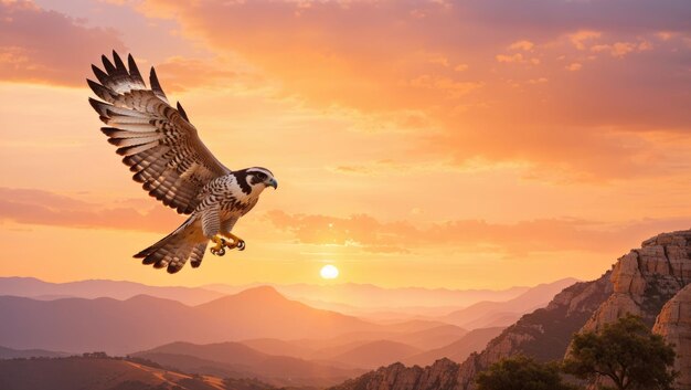 Un faucon solitaire s'élevant gracieusement sur la toile de fond d'un paysage naturel serein pendant les couleurs enchanteuses d'un coucher de soleil