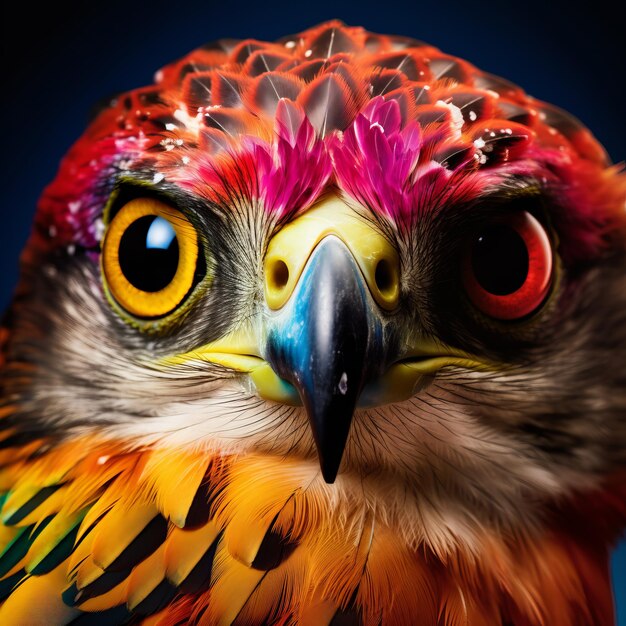 Photo un faucon surréaliste et vibrant, un oiseau taxidermié surexposé avec des contrastes de couleurs audacieux