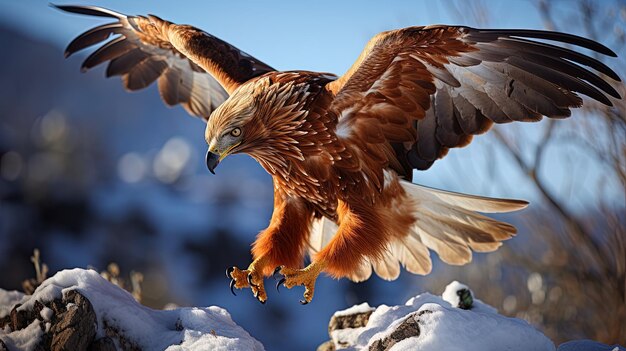 Photo un faucon volant sur un tas de neige avec un oiseau en arrière-plan