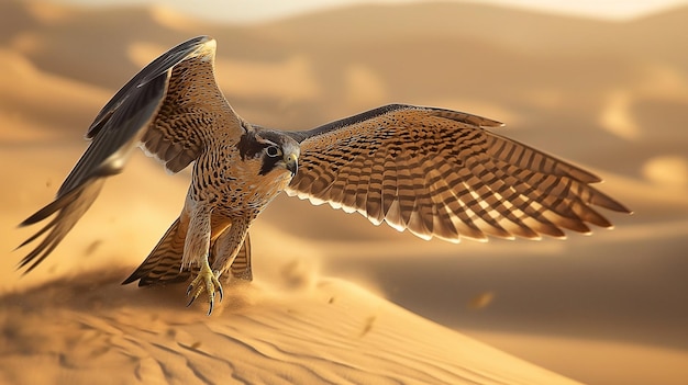 Un faucon vole au-dessus des dunes au fond du désert.