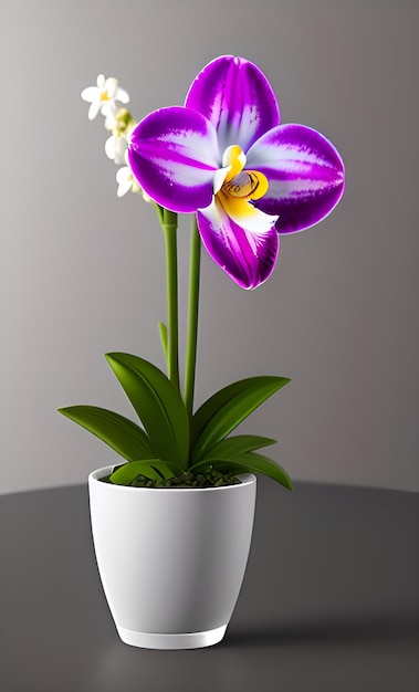 Une fausse orchidée dans un pot avec une fleur dedans