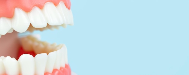 Fausses dents Mâchoire artificielle sur fond bleu gros plan Modèle de dents dentaires Dentoform
