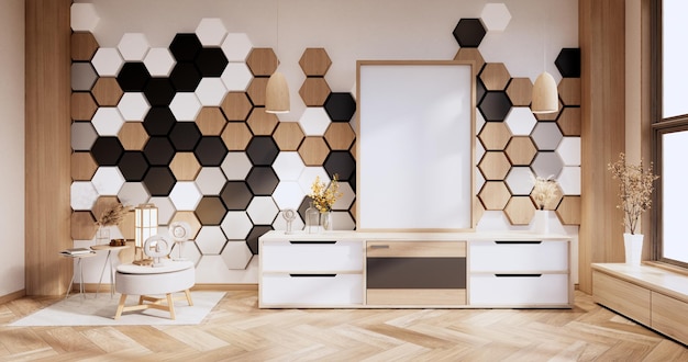 Fauteuil et armoire, plantes de décoration avec carreaux hexagonaux en bois, blanc, noir sur mur Chambre moderne rendu minimaliste.3D