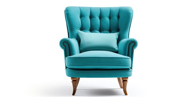 Fauteuil arrière de couleur turquoise avec oreiller et pieds en bois isolés sur blanc