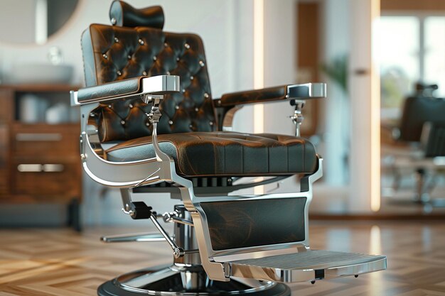 Un fauteuil de barbier élégant avec une finition en chrome et une couverture