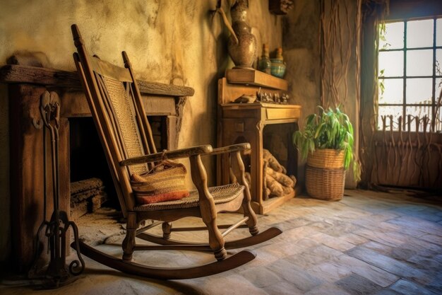 Fauteuil à bascule en bois vintage près d'une cheminée créée avec une IA générative