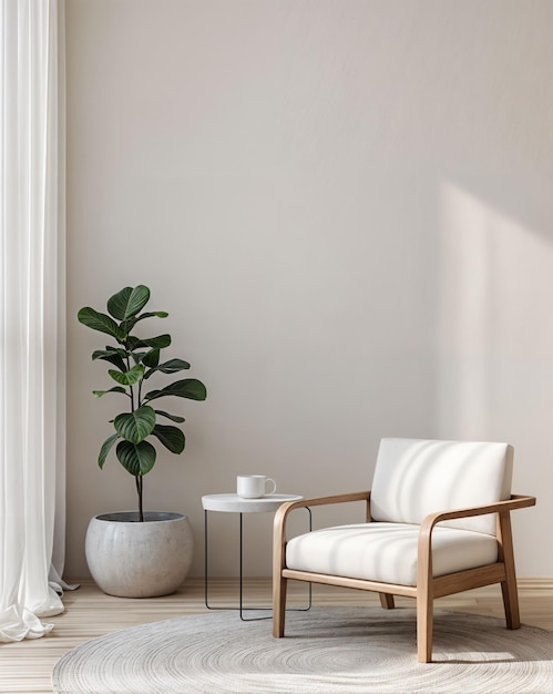 Photo un fauteuil blanc une table à café une plante en pot et un tapis rond occupent la pièce illustrateur 3d