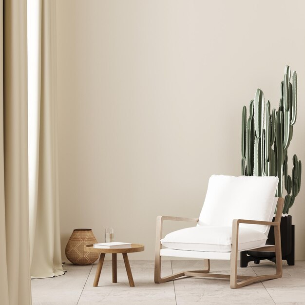 Fauteuil blanc avec table à café près de la fenêtre dans le style boho arrière-plan intérieur avec mur beige mock-up mur vide 3D rendre