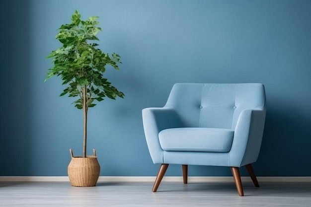 Fauteuil bleu contre mur bleu dans le salon intérieur design intérieur élégant avec espace de copie