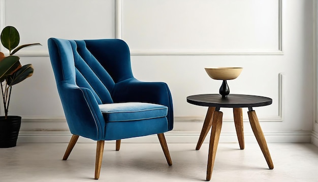 Fauteuil bleu dans un cadre moderne avec table basse