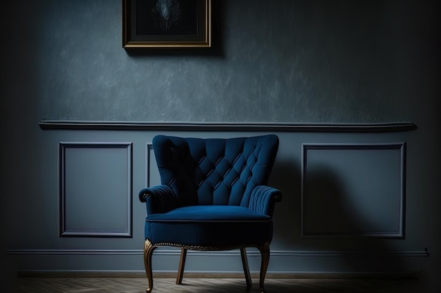 Un fauteuil bleu foncé est dans la pièce contre un mur sombre vide