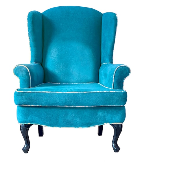 Fauteuil bleu isolé avec bordure blanche. Chaise vintage en velours bleu clair sur fond blanc