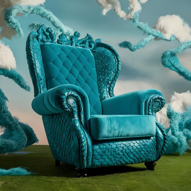 Photo un fauteuil bleu avec des jambes en coupe placé sur un champ vert luxuriant et des nuages surréalistes