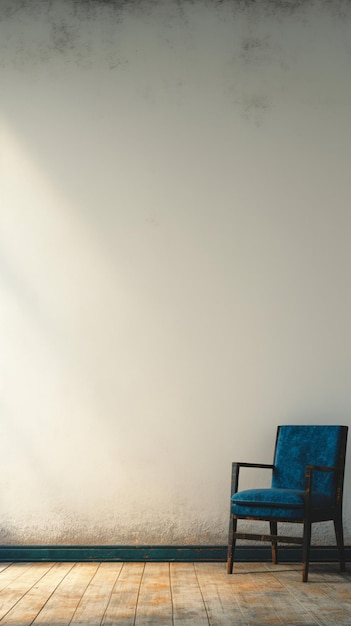 Fauteuil bleu solitaire intérieur simple dans une pièce vide contre le mur papier peint mobile vertical