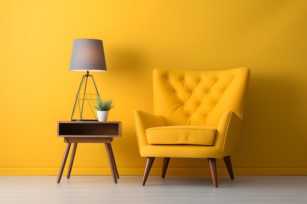 Fauteuil capitonné et table basse avec lampe près du mur jaune Design d'intérieur du salon moderne