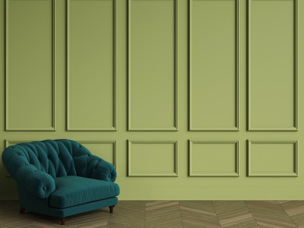 Fauteuil capitonné vert émeraude en intérieur classique avec espace copie