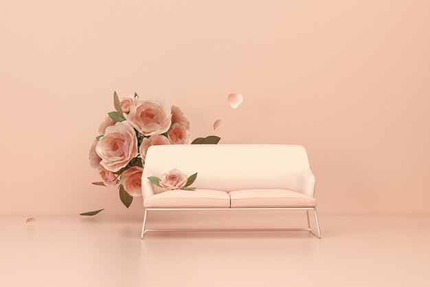 Fauteuil avec chute de fleurs colorées sur fond rose pastel Idée de publicité