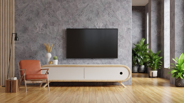 Fauteuil en cuir et armoire en bois à l'intérieur du salon avec plante, TV sur mur en béton. rendu 3d