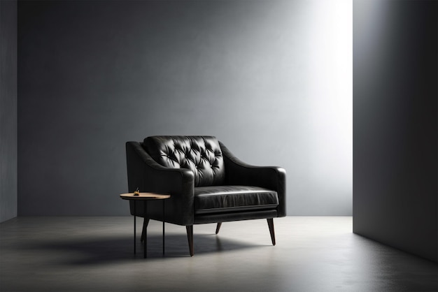 Fauteuil en cuir noir dans un intérieur moderne avec mur noir rendu 3D